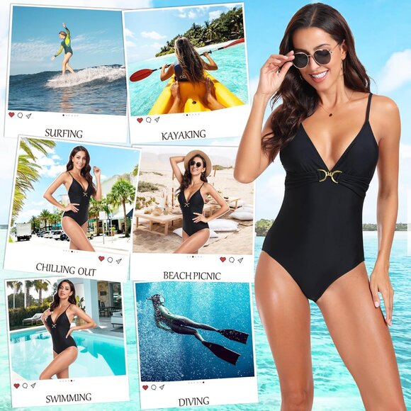 Women One Piece Swimsuits V Neck Tummy‎ Control Bathing Suits Modest - Picture 5 of 6